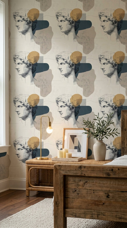 Classical Bust Wallpaper Greco Roman Statue Removable Abstract Shapes Wall Double Roll