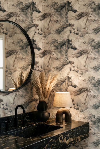 Equestrian Wallpaper Line Art Monochrome Removable Wall Decor