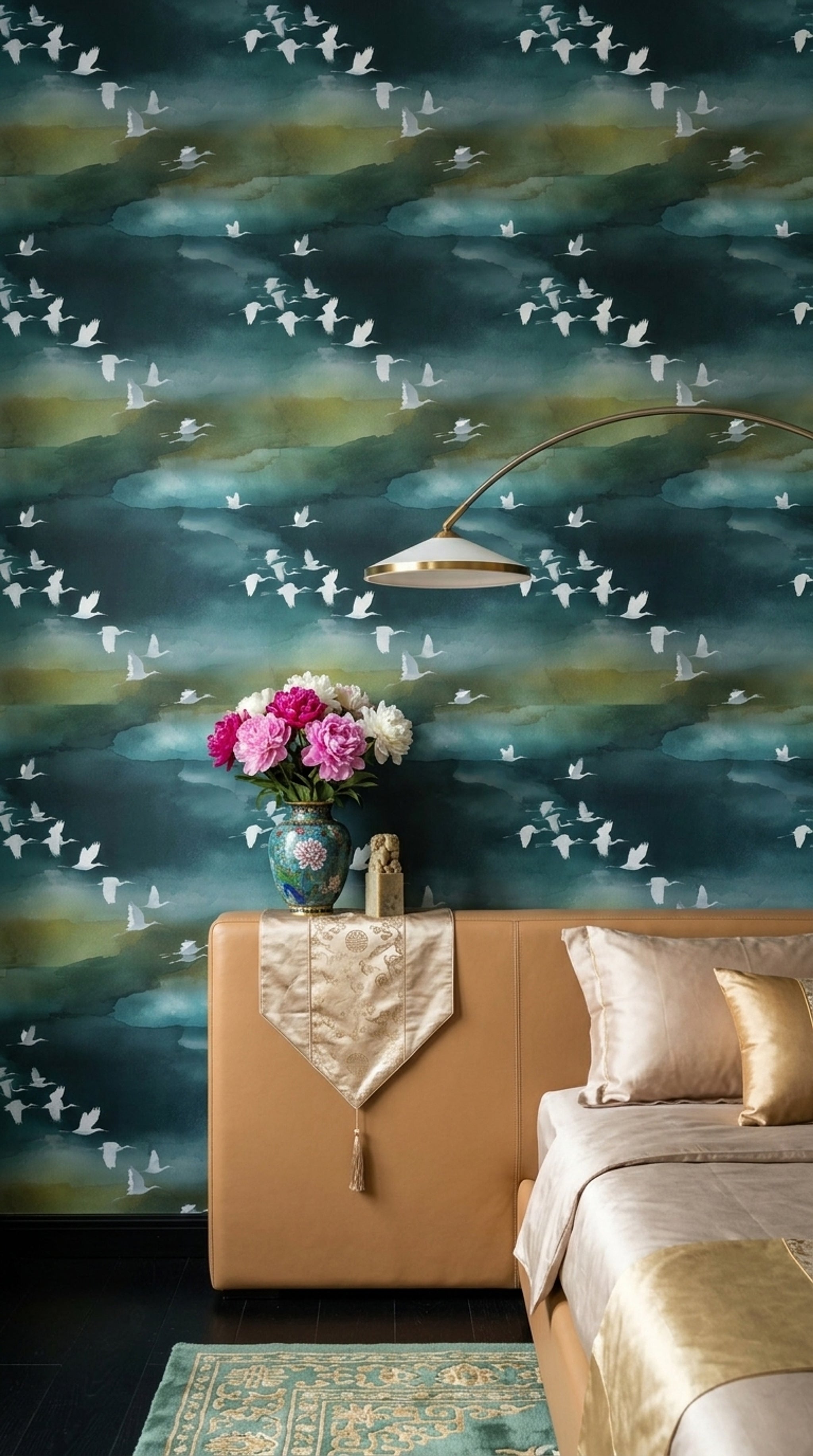 Dark Teal Wallpaper Watercolor Wash Flying Birds Removable Wall Decor