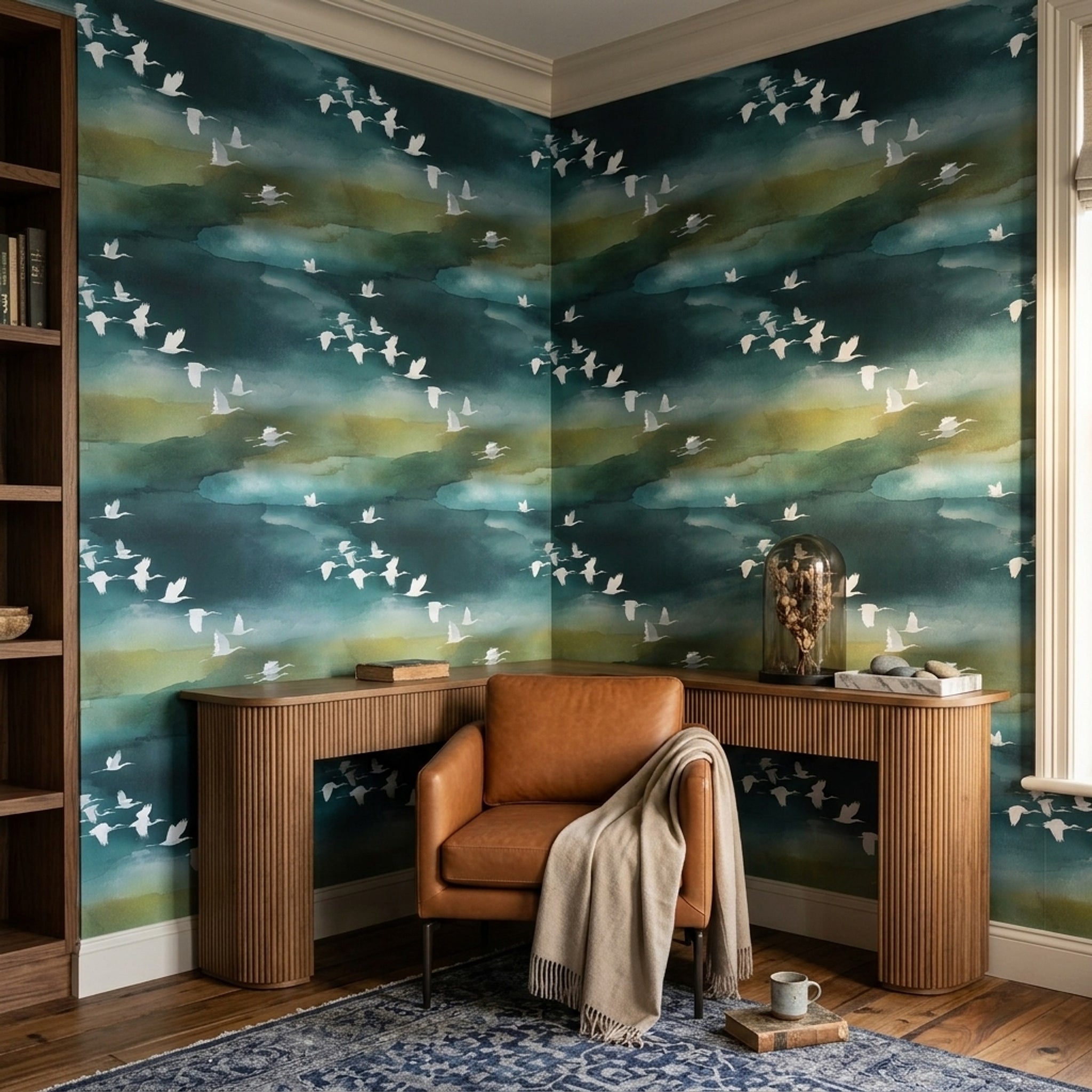 Dark Teal Wallpaper Watercolor Wash Flying Birds Removable Wall Decor