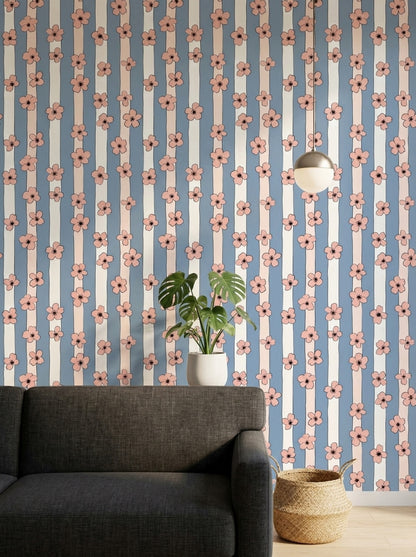 Peach Pink Blossoms Wallpaper Pastel Blue Removable Scandinavian Wall Double Roll