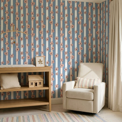 Peach Pink Blossoms Wallpaper Pastel Blue Removable Scandinavian Wall Double Roll