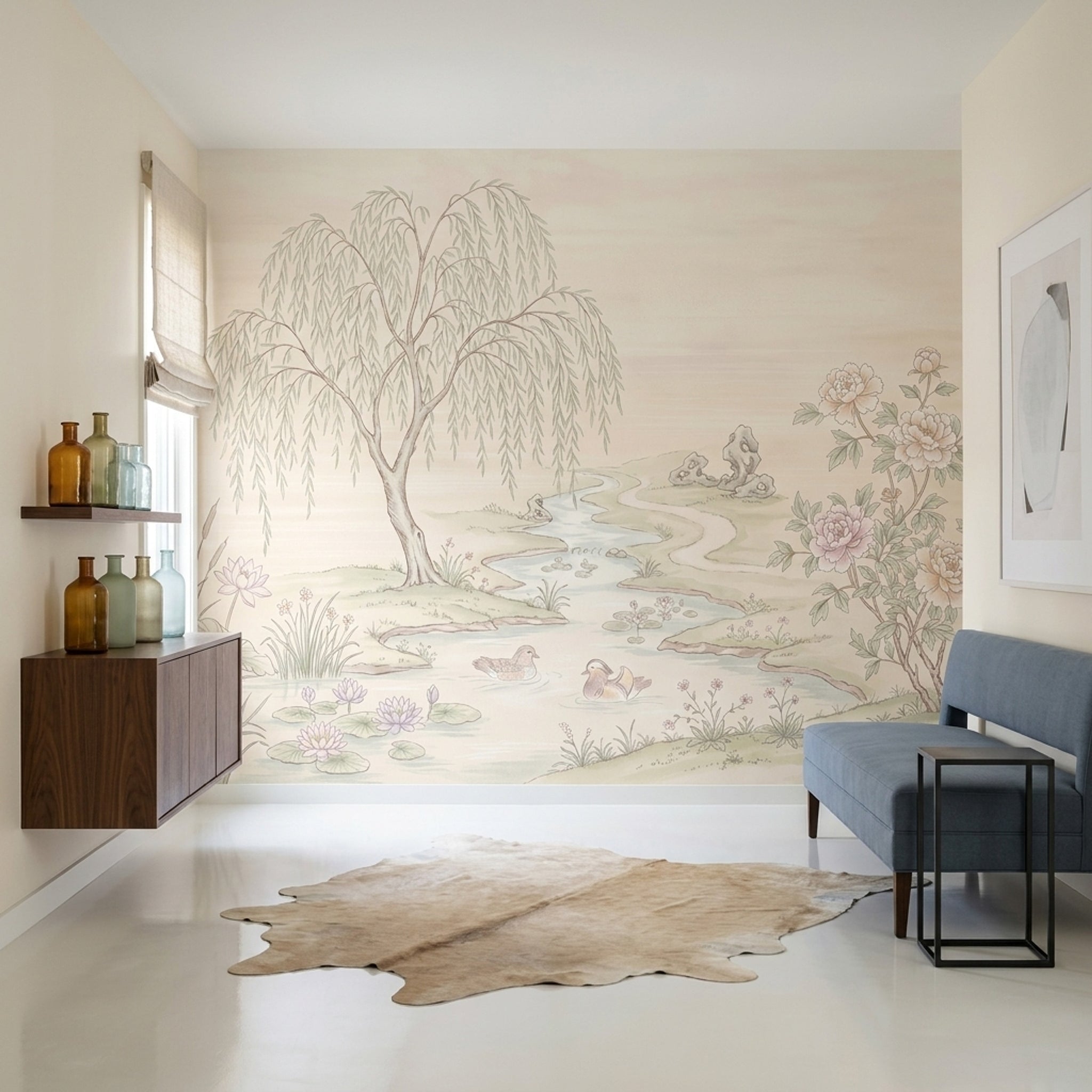 Pastel Landscape Wallpaper Willow Tree Winding River Wall Mural