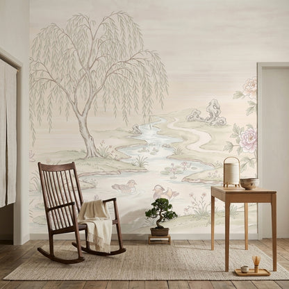 Pastel Landscape Wallpaper Willow Tree Winding River Wall Mural