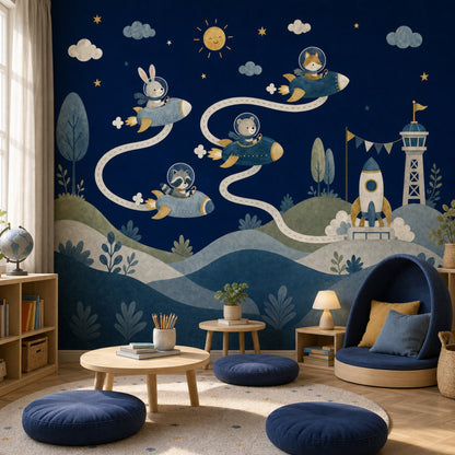 Kids Space Adventure Wallpaper Watercolor Illustration Animals In Rockets Removable Wall Decor