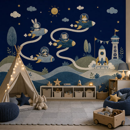 Kids Space Adventure Wallpaper Watercolor Illustration Animals In Rockets Removable Wall Decor