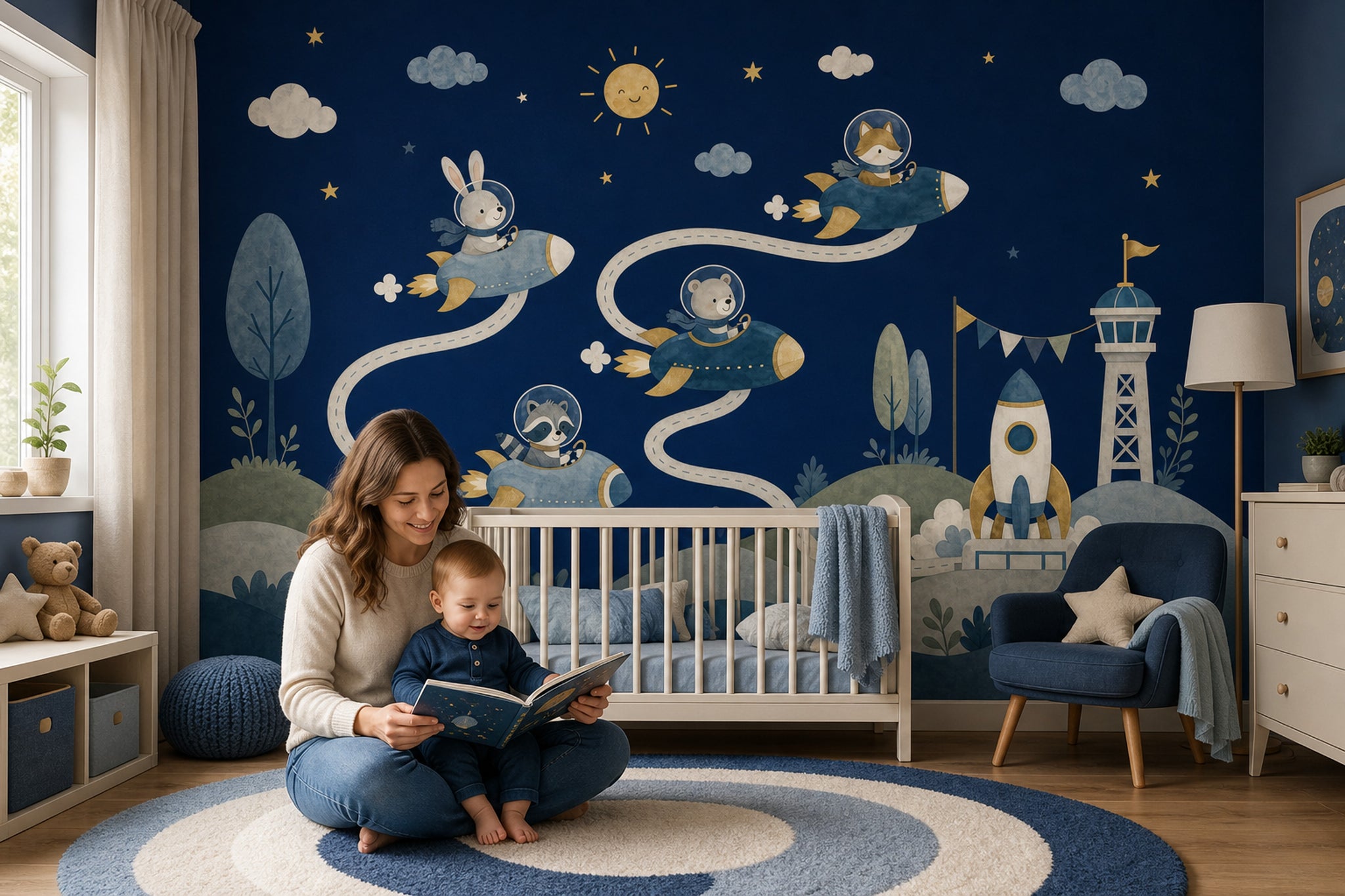 Kids Space Adventure Wallpaper Watercolor Illustration Animals In Rockets Removable Wall Decor