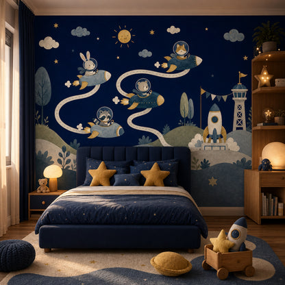 Kids Space Adventure Wallpaper Watercolor Illustration Animals In Rockets Removable Wall Decor
