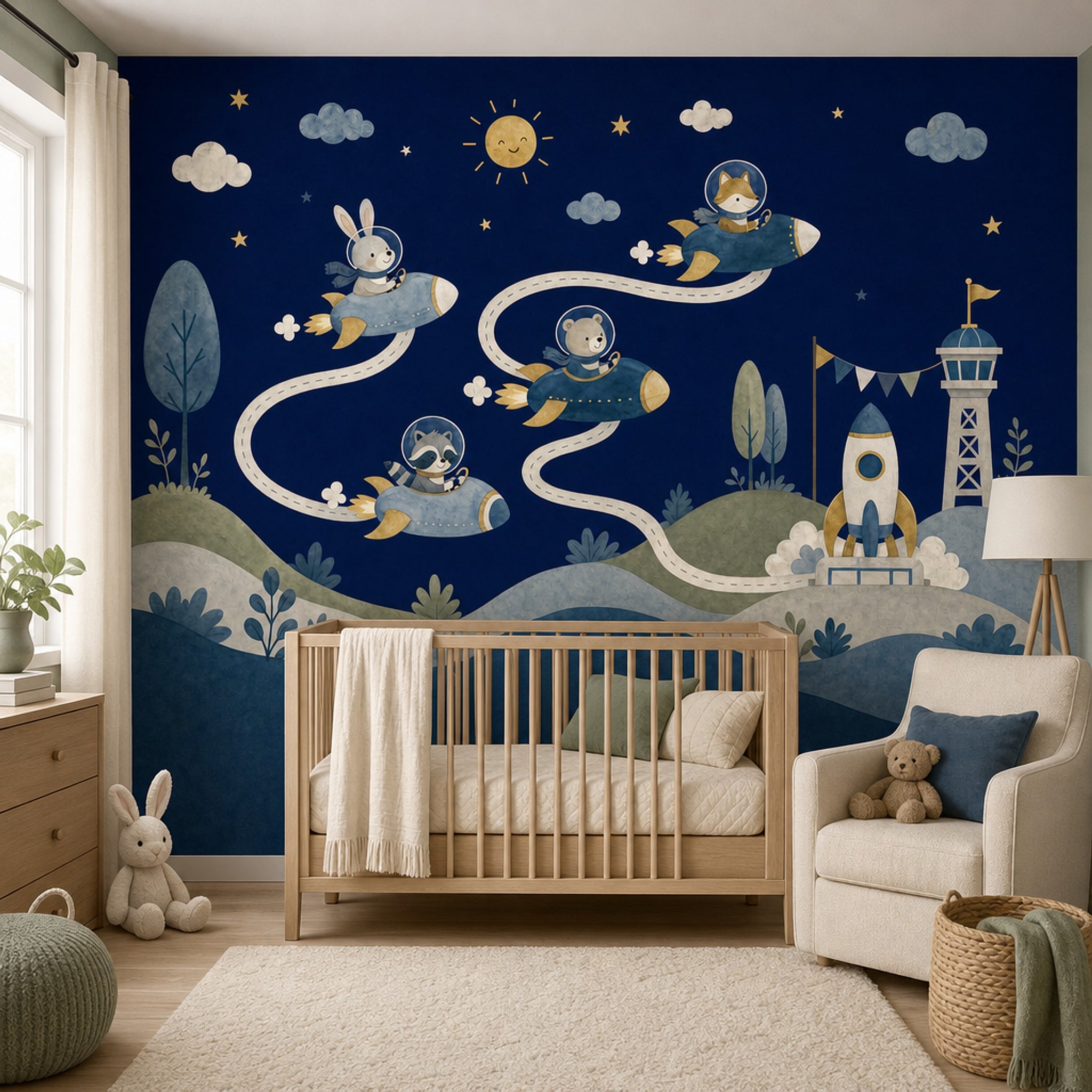 Kids Space Adventure Wallpaper Watercolor Illustration Animals In Rockets Removable Wall Decor