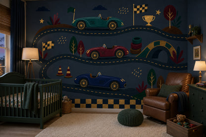 Dark Racing Wallpaper Vintage Race Cars Winding Road Track Wall Mural
