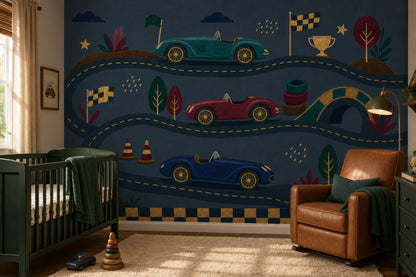 Dark Racing Wallpaper Vintage Race Cars Winding Road Track Wall Mural