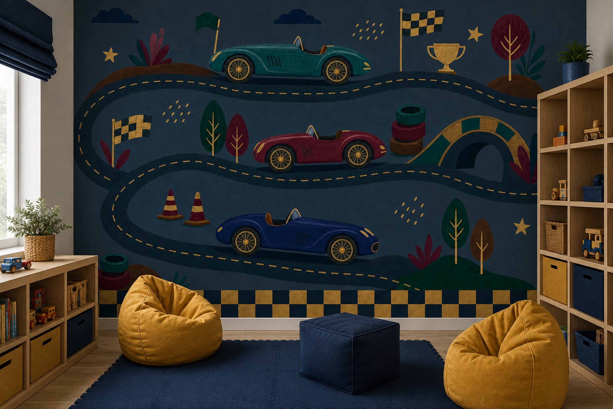 Dark Racing Wallpaper Vintage Race Cars Winding Road Track Wall Mural