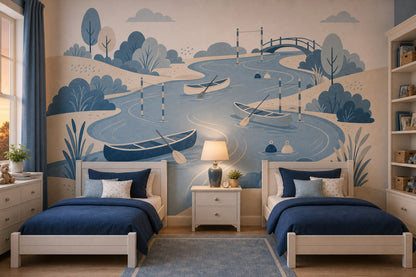 River Landscape Wallpaper Rowboats Scandinavian Style Wall Mural