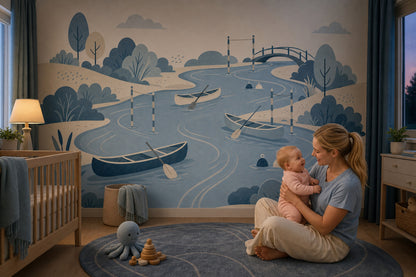 River Landscape Wallpaper Rowboats Scandinavian Style Wall Mural