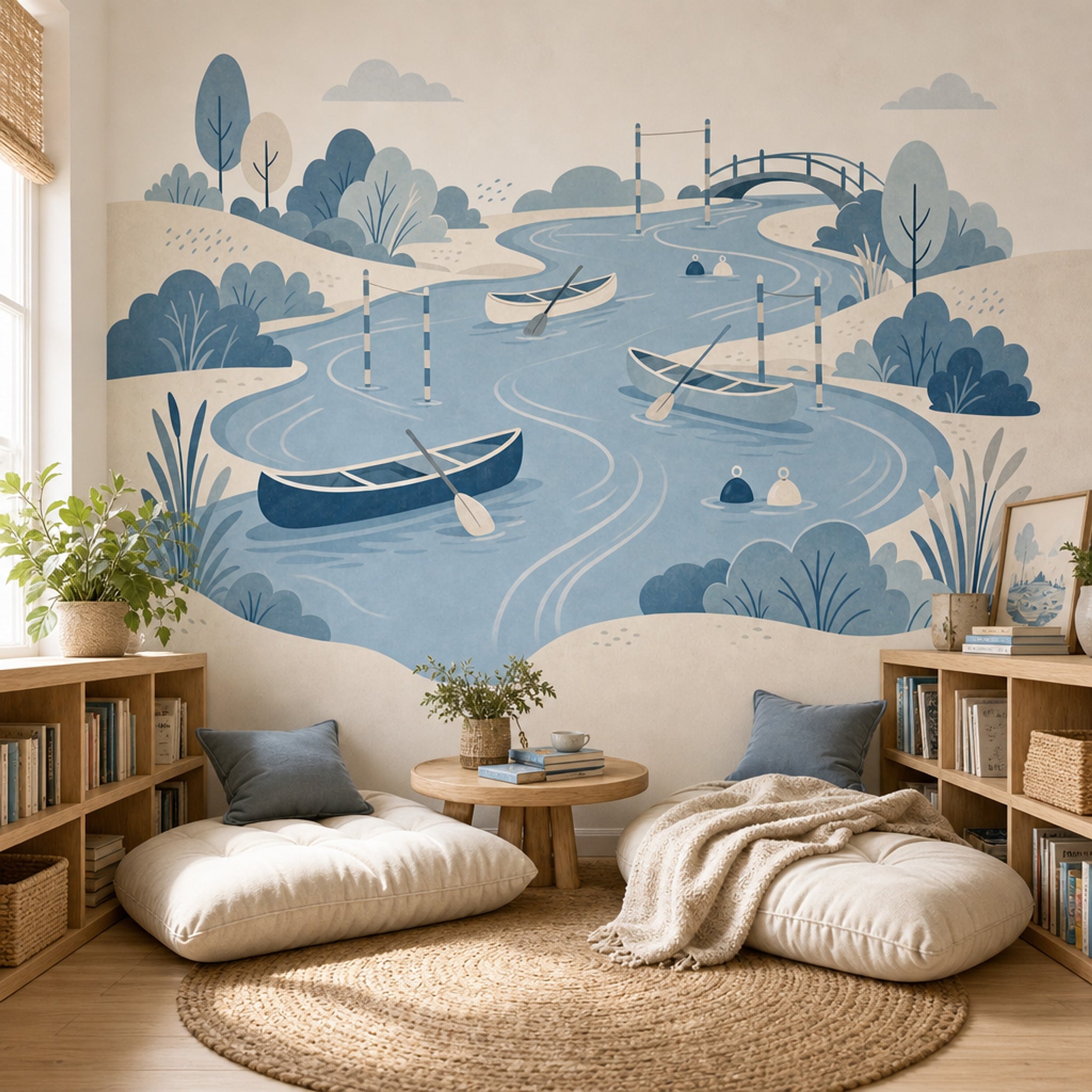 River Landscape Wallpaper Rowboats Scandinavian Style Wall Mural