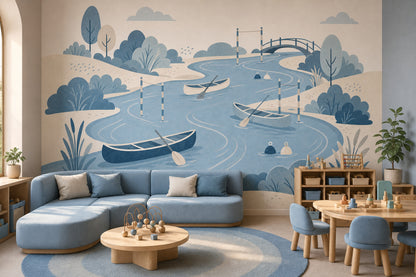 River Landscape Wallpaper Rowboats Scandinavian Style Wall Mural