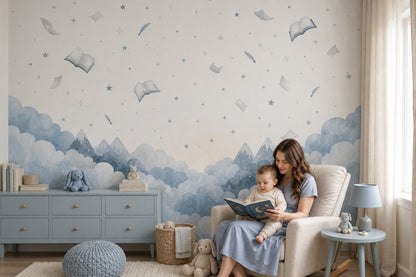 Floating Books Wallpaper Watercolor Sky Removable Whimsical Nursery Wall Decor