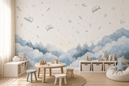 Floating Books Wallpaper Watercolor Sky Removable Whimsical Nursery Wall Decor