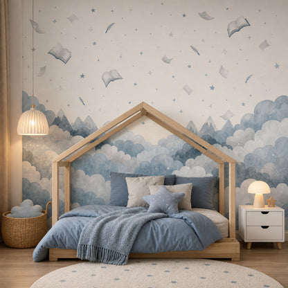 Floating Books Wallpaper Watercolor Sky Removable Whimsical Nursery Wall Decor