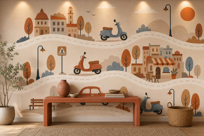 Illustrated Landscape Wallpaper European Town Scooters Removable Wall Decor