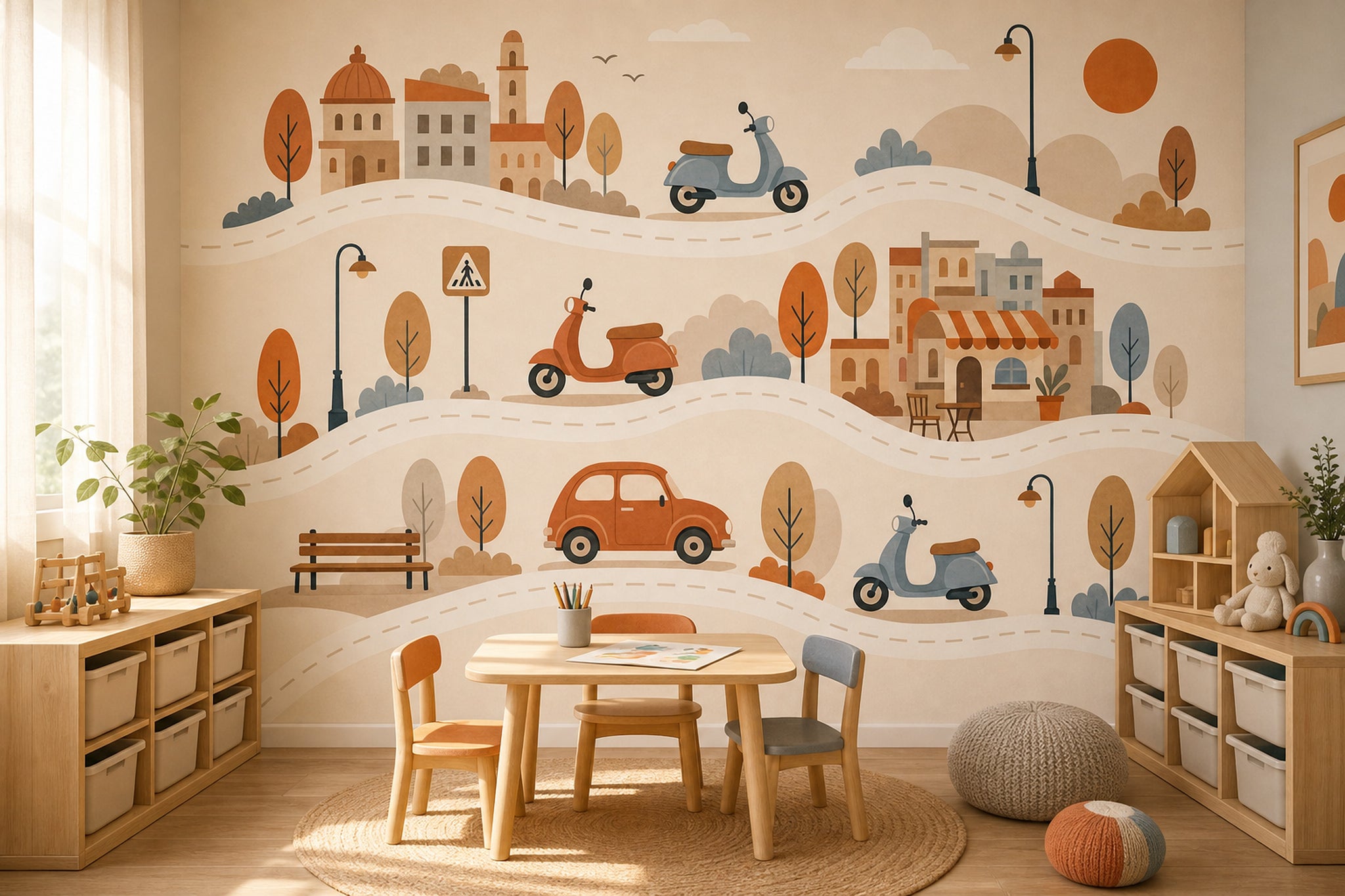 Illustrated Landscape Wallpaper European Town Scooters Removable Wall Decor