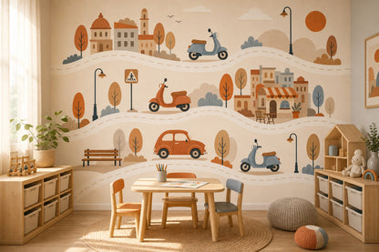 Illustrated Landscape Wallpaper European Town Scooters Removable Wall Decor