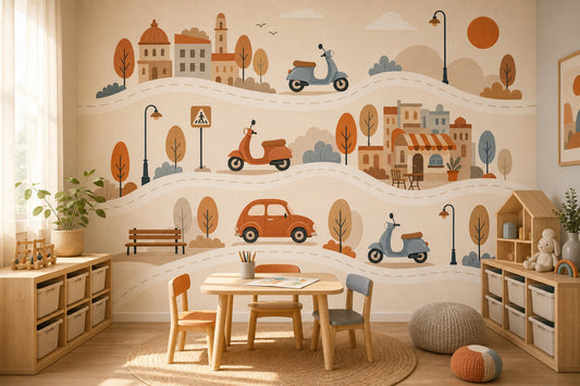 Illustrated Landscape Wallpaper European Town Scooters Removable Wall Decor