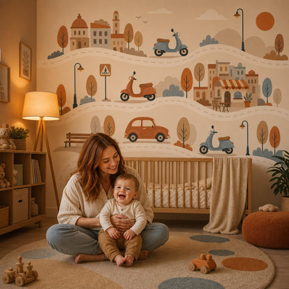 Illustrated Landscape Wallpaper European Town Scooters Removable Wall Decor