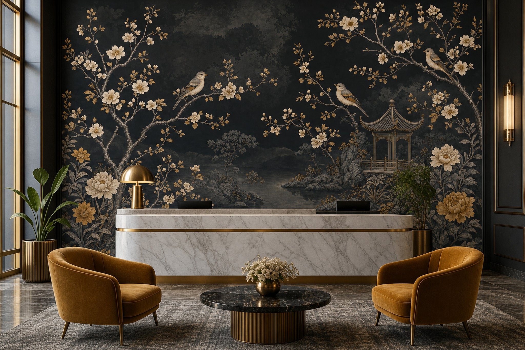 Asian Landscape Wallpaper Pagoda Pavilion Vintage Mural Wall Mural