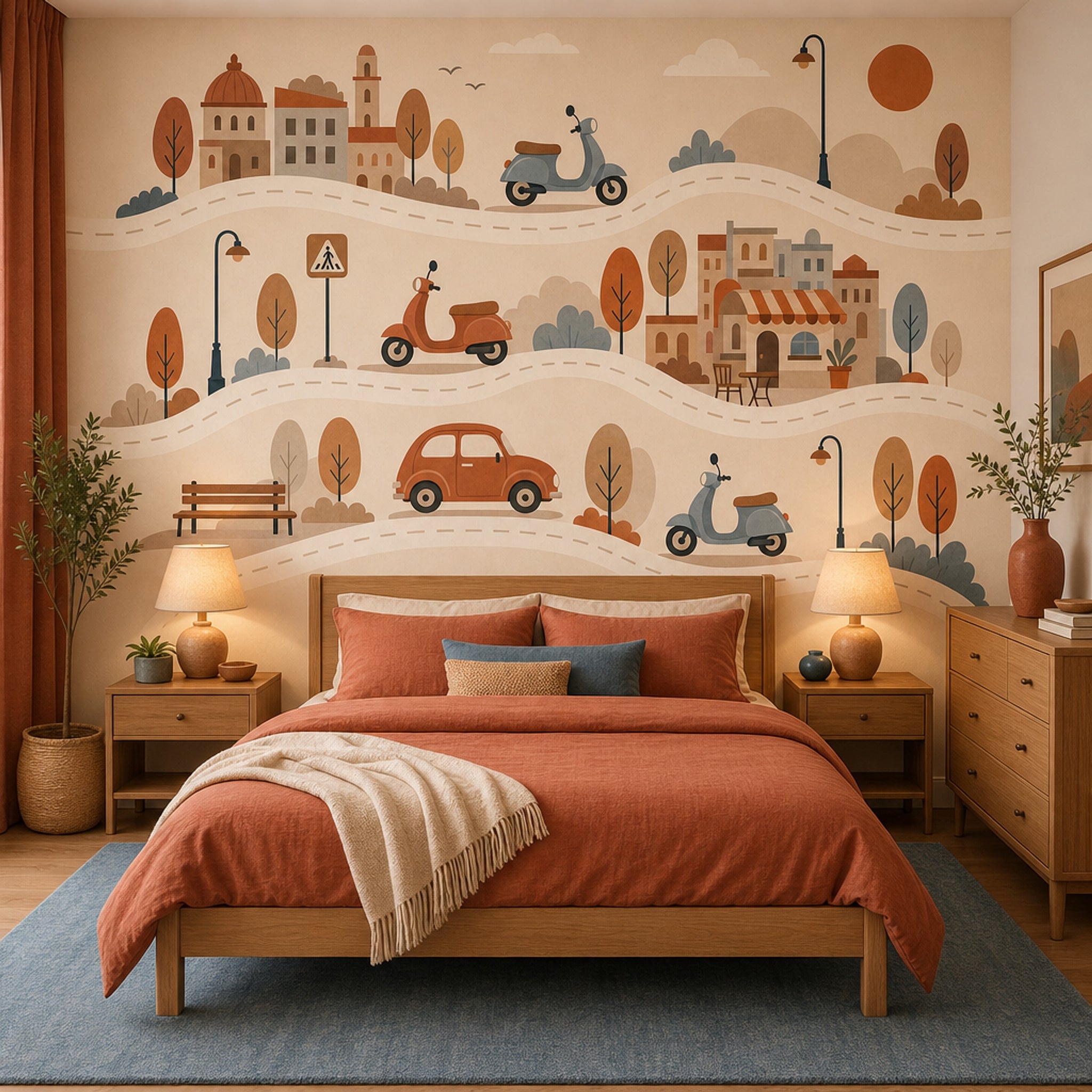 Illustrated Landscape Wallpaper European Town Scooters Removable Wall Decor