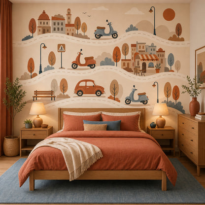 Illustrated Landscape Wallpaper European Town Scooters Removable Wall Decor
