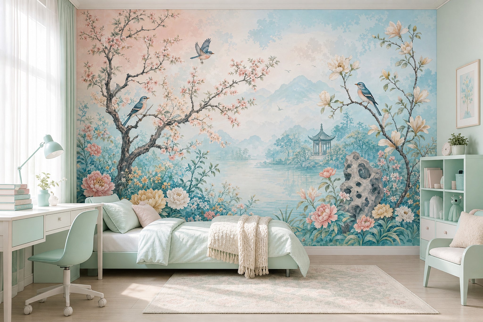 Pastel Watercolor Wallpaper Floral Landscape Birds On Branches Wall Mural