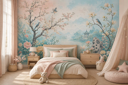 Pastel Watercolor Wallpaper Floral Landscape Birds On Branches Wall Mural