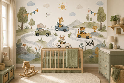 Kids Wallpaper Wallpaper Watercolor Removable Animal Race Cars Wall Decor