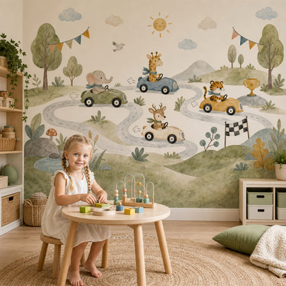 Kids Wallpaper Wallpaper Watercolor Removable Animal Race Cars Wall Decor