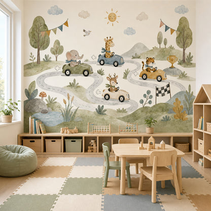 Kids Wallpaper Wallpaper Watercolor Removable Animal Race Cars Wall Decor