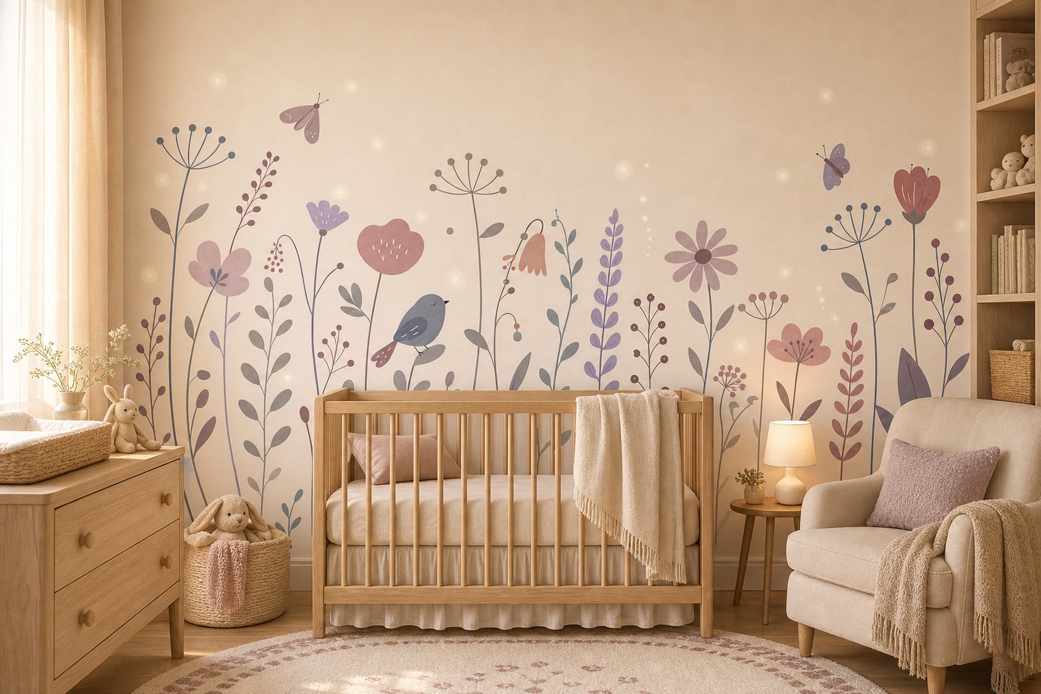 Wildflowers Wallpaper Pastel Removable Butterflies Wall Decor