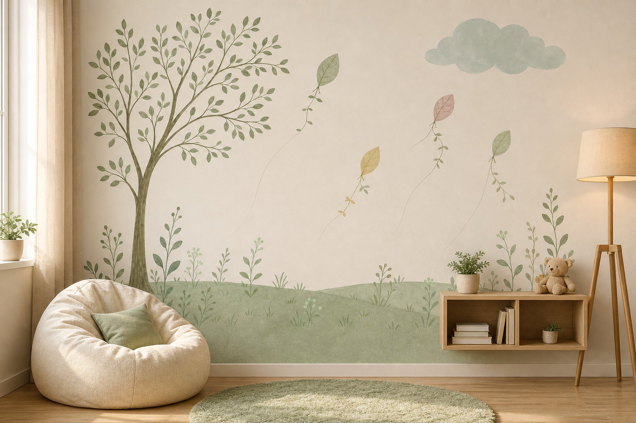 Watercolor Landscape Wallpaper Tree Illustration Leaf Kites Removable Wall Decor