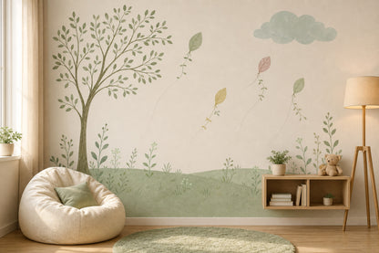 Watercolor Landscape Wallpaper Tree Illustration Leaf Kites Removable Wall Decor