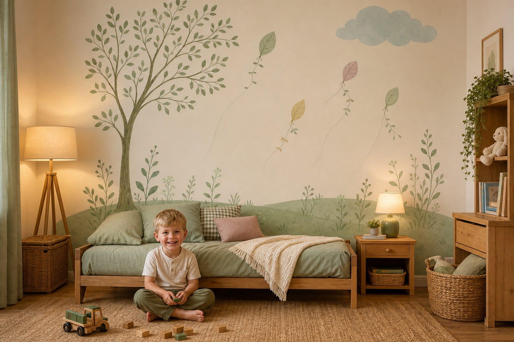Watercolor Landscape Wallpaper Tree Illustration Leaf Kites Removable Wall Decor