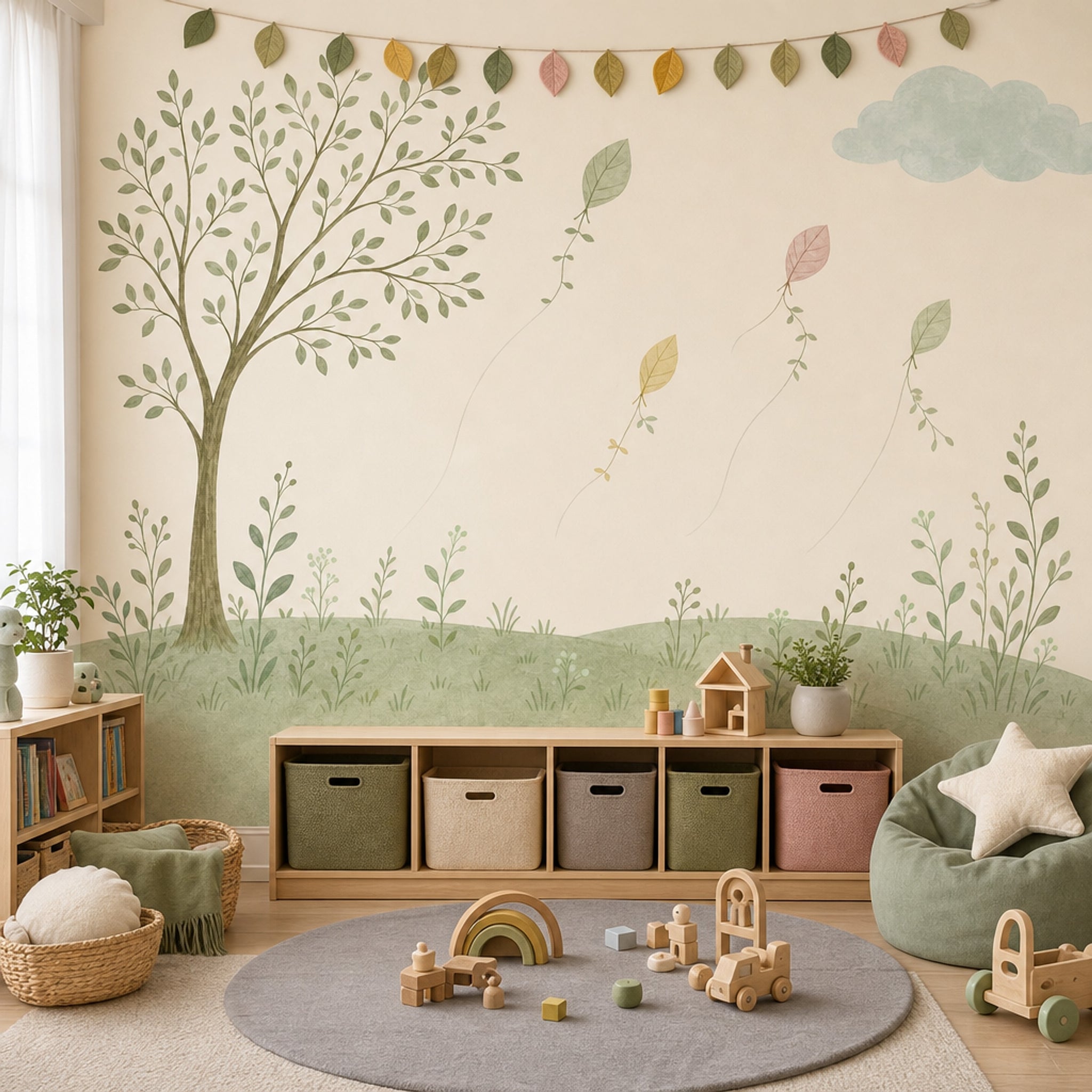 Watercolor Landscape Wallpaper Tree Illustration Leaf Kites Removable Wall Decor