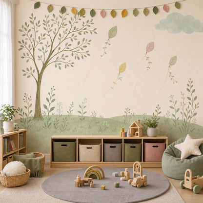 Watercolor Landscape Wallpaper Tree Illustration Leaf Kites Removable Wall Decor