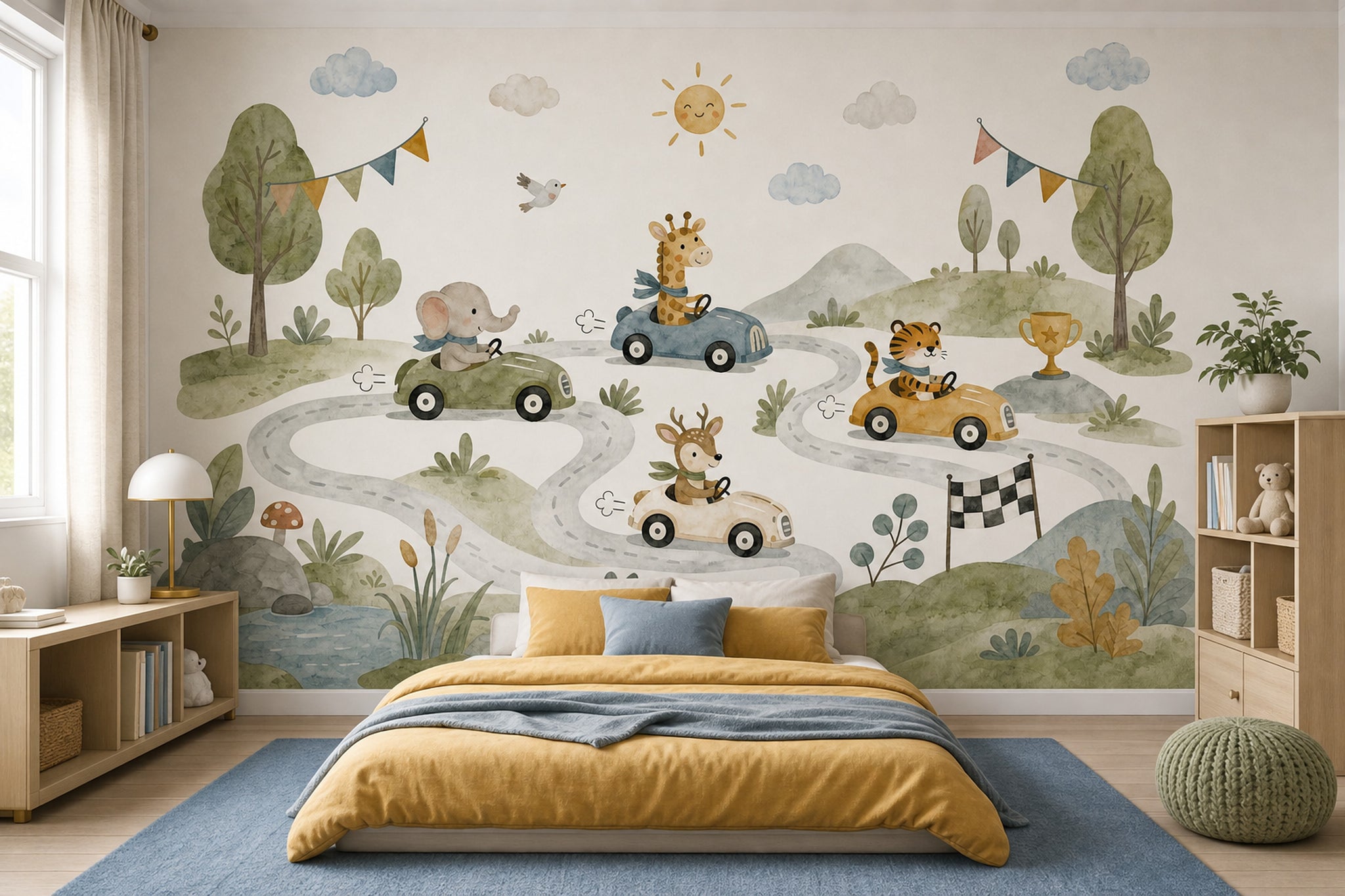 Kids Wallpaper Wallpaper Watercolor Removable Animal Race Cars Wall Decor