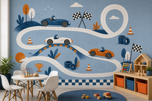 Racing Track Wallpaper Vintage Race Cars Checkered Flags Removable Wall Decor