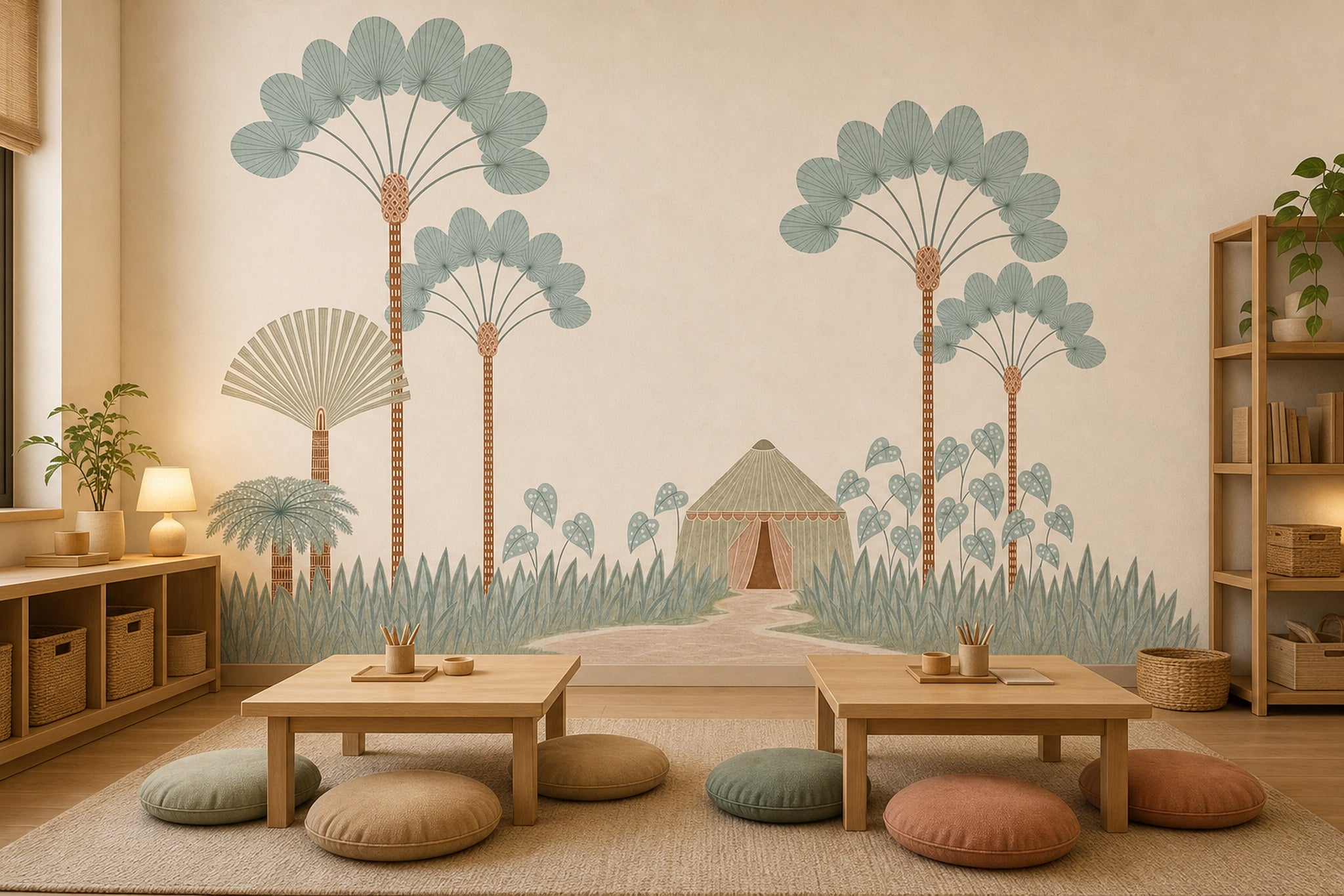 Stylized Landscape Wallpaper Palm Trees Removable Tent Hut Wall Decor