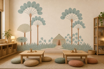 Stylized Landscape Wallpaper Palm Trees Removable Tent Hut Wall Decor