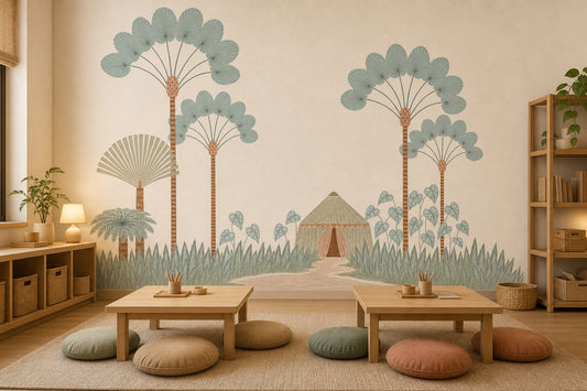 Stylized Landscape Wallpaper Palm Trees Removable Tent Hut Wall Decor