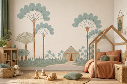 Stylized Landscape Wallpaper Palm Trees Removable Tent Hut Wall Decor