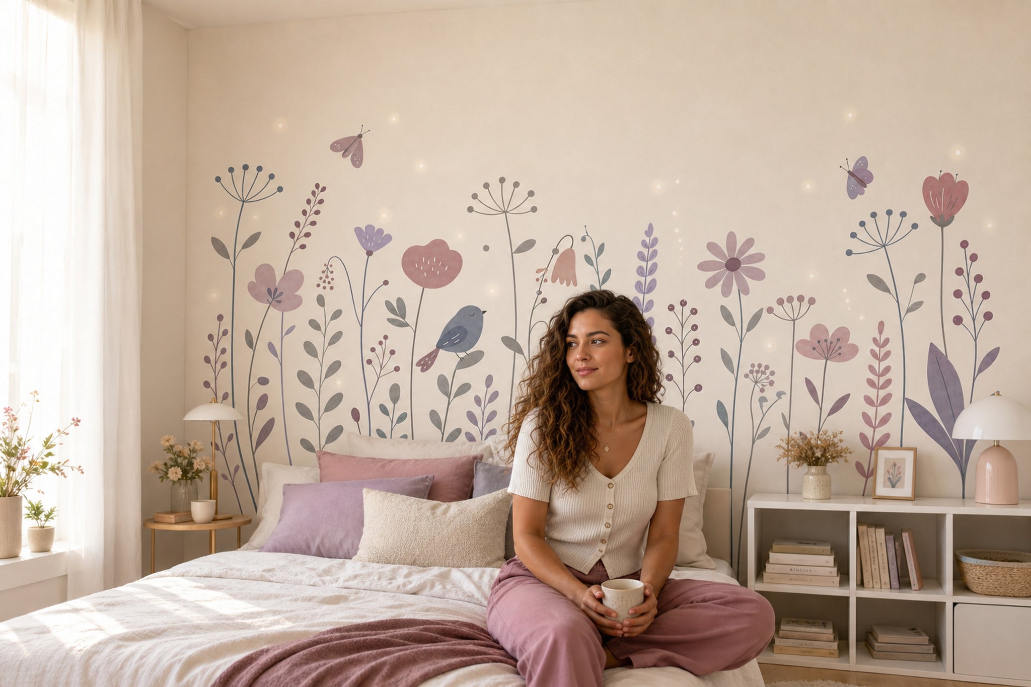 Wildflowers Wallpaper Pastel Removable Butterflies Wall Decor