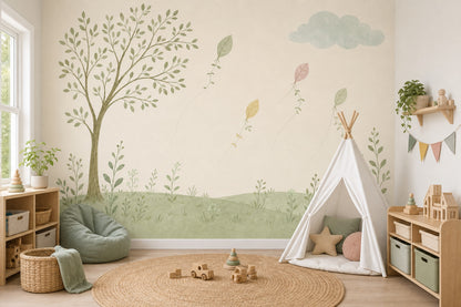 Watercolor Landscape Wallpaper Tree Illustration Leaf Kites Removable Wall Decor